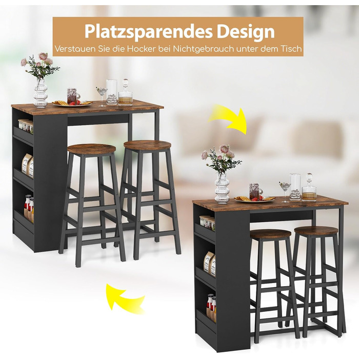 Барний стіл COSTWAY з барними стільцями (набір для 2 осіб), з 3 полицями, кухонний стіл у стилі ретро, колір - коричневий