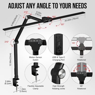 Настільна лампа Nulmvic LED Clamp, з регулюванням яскравості, 3 кольори, 10 рівнів, гнучка, чорна, 76см