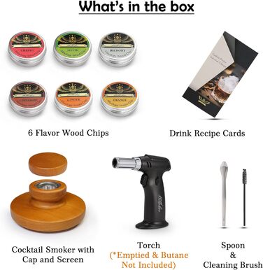 Набір для копчення віскі та бурбону Cocktail з ліхтариком, 6 смаків дерев'яної тріски (апельсин, кориця, імбир, вишня, лічі, гікорі) - ідеальний подарунок на ювілей або день народження
