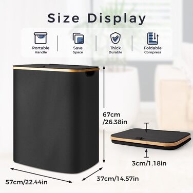 Кошик для білизни Rieeyrslza з кришкою 158 л з бамбука з 2 знімними мішками для білизни, Oxford, складний, для сортування, багатофункціональний, для ковдр та одягу (сірий) (чорний 145л)