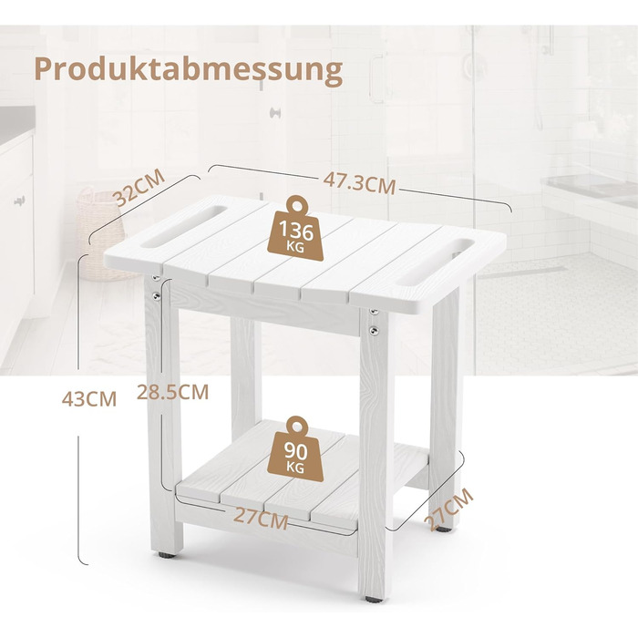 Лавка для душу LUE BONA HDPS з підставкою для гоління ніг, водонепроникний стілець для ванної кімнати, стійкий до погодних умов, з антиковзким покриттям та ручками, для внутрішнього та зовнішнього використання (білий)