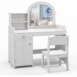 Дзеркальний столик для макіяжу Dreamade 2 в 1 для дівчаток з пуфом та LED-підсвіткою, з ящиком, полицею та шафкою, з дерева (білий)