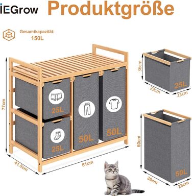 Кошик для білизни iEGrow з 4 відділеннями, 150л, бамбуковий візок для білизни з полицею, місткий кошик для брудної білизни з оксфордської тканини (сірий)