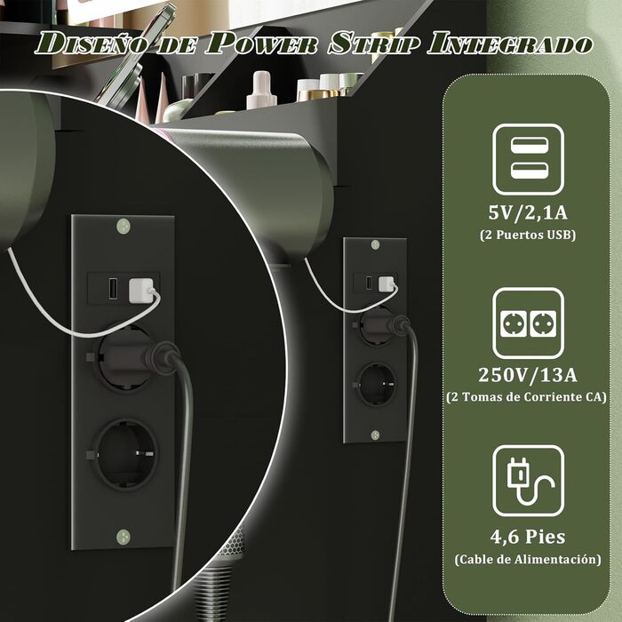 Дзеркальний столик для макіяжу Devoko з LED-підсвічуванням та пуфом, кутовий туалетний столик з розеткою, 5 ящиків, відкриті полиці, тримач для фену, для спальні (Білий) (Чорний)