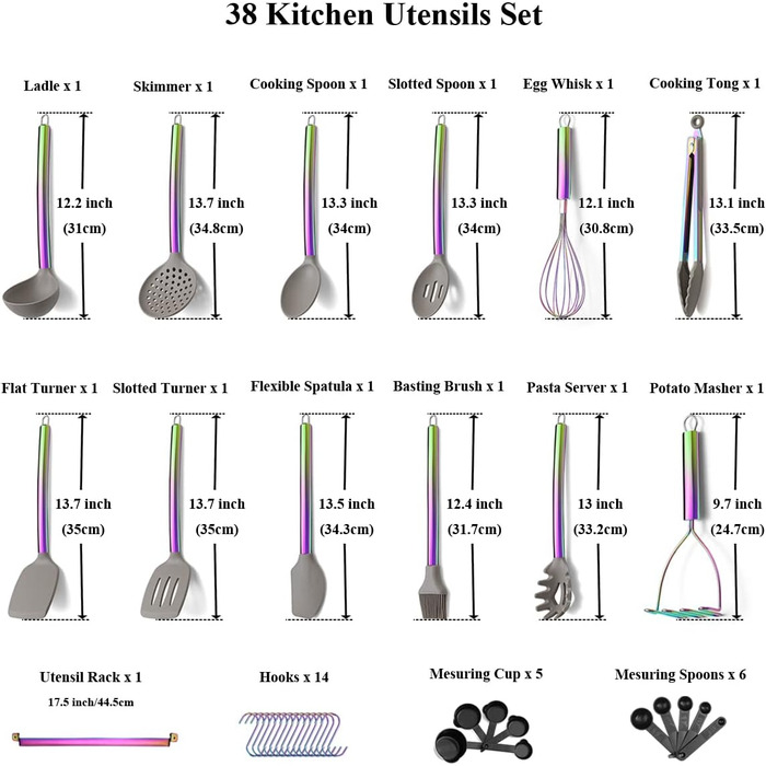 38-кількісний набір кухонного посуду з силікону з підставкою для інструментів, силіконовими насадками та ручками з нержавіючої сталі, кухонні аксесуари, набір посуду (срібний) (3. Regenbogen)