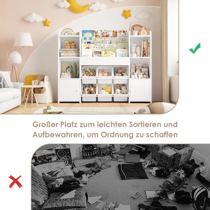 FOREHILL Дитяча полиця-стеллаж для іграшок та книг з 6 ящиками, 119 x 29,5 x 94 см, білий