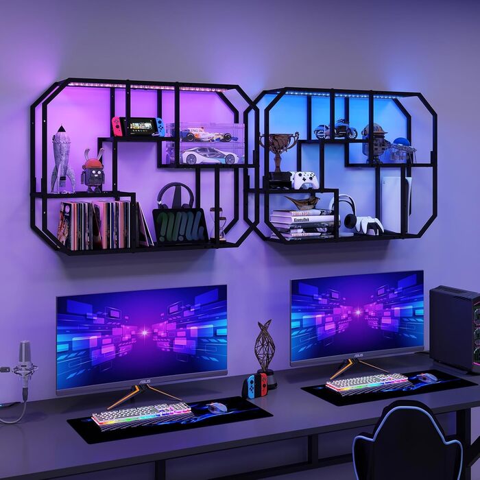 Підвісні полиці YU YUSING з RGB підсвічуванням 7 кольорів, геймерські полиці з 8 гачками, полиці для демонстрації, настінна вітрина з 2 скляними полицями, підвісна вітрина для спальні, кухні, бару, ігрової кімнати, шестигранна (чорний колір)