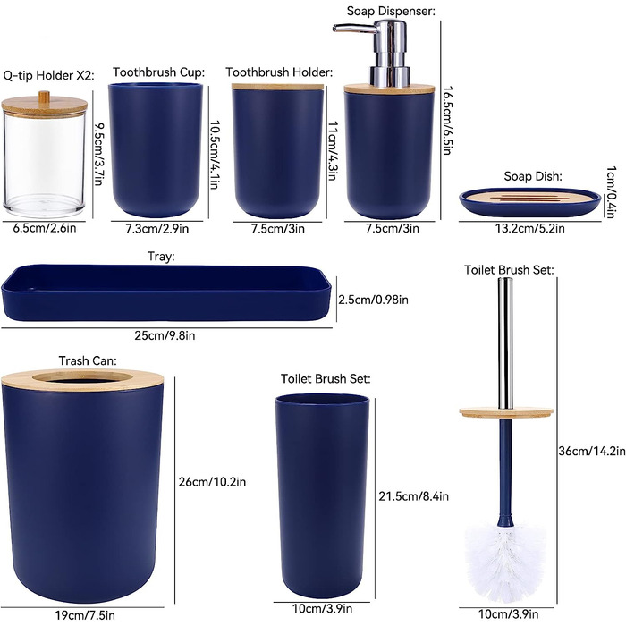 Набір аксесуарів для ванної кімнати SLDIYWOW 9 шт. (Морська блакить): Мülleimer, лоток, дозатор мила, тримач для зубних щіток, стаканчик для щіток, мильниця, WC-щітка, тримач для ватних паличок
