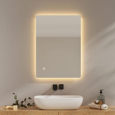 Дзеркало для ванної кімнати EMKE з підсвічуванням 40x60 см, антизапар, 2 кольори світла (тепле/холодне), вимикач-маятник, IP44, енергозберігаюче, захищене від вибуху (70x50 см)