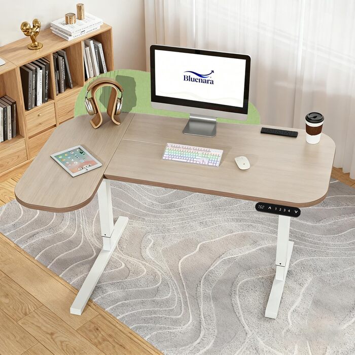 Електричний кутовий стіл з регулюванням висоти 150 см, L-подібний, з 4-ма пам'ятями, з'єднувальною панеллю, для дому та офісу (150x68 см, світло-коричневий/зелений)