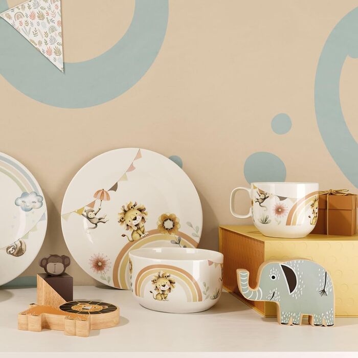 Набір дитячого посуду Villeroy & Boch Boho Kids 'Roar like a lion' (3 шт.) Бежевий, для миття в посудомийній машині, з мікрохвильовкою, з зображенням лева та мавпи, преміум-посуд