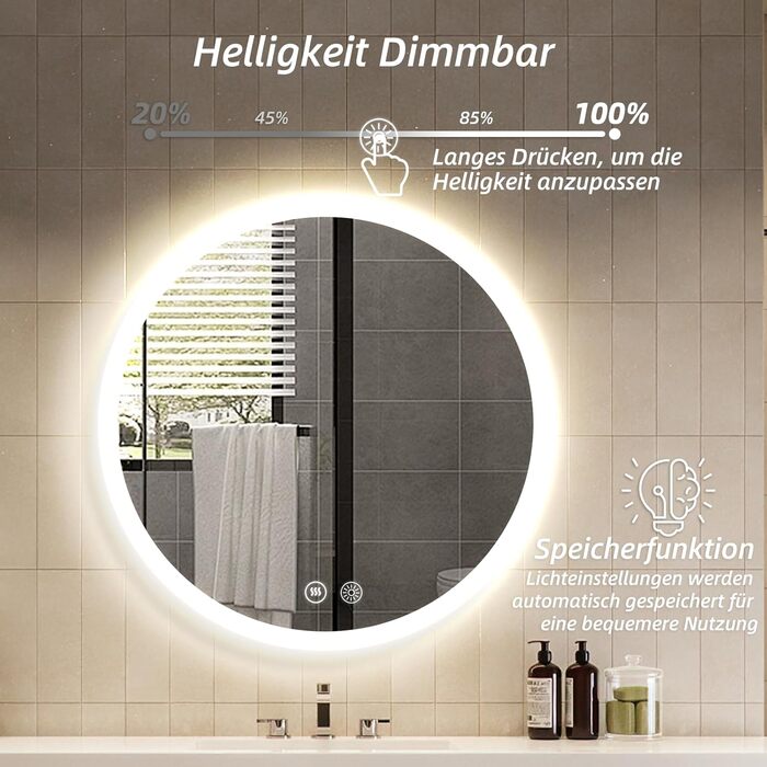 Дзеркало для ванної кімнати HySail з підсвічуванням, 5 мм, висока роздільна здатність, срібне покриття, 3 колірні температури та регульована яскравість, настінне дзеркало з сенсорним перемикачем та антизапарюючим покриттям, кругле (3 кольори + регулювання