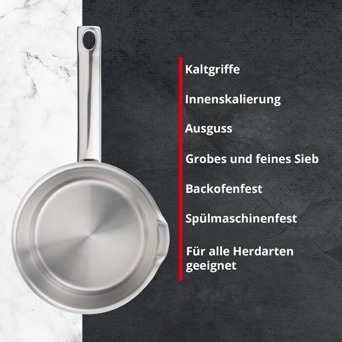 Каструля Meisterkoch з нержавіючої сталі 16 см | з виливом, мірною шкалою та ізольованою ручкою | 1 скляна кришка з дрібним та великим ситом | посуд з нержавіючої сталі, підходить для індукційних плит 16 см