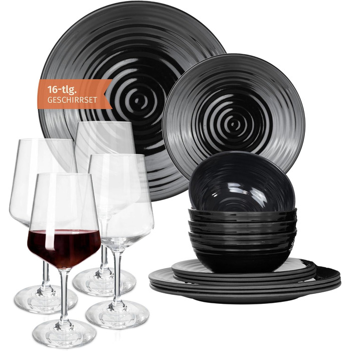 Набір посуду для кемпінгу Melamin 12 шт. Stone + 4 склянки для вина Milano, Black