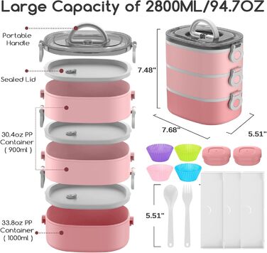 Штабельований, 3-шаровий, 2,7 л, герметичний, безпечний для харчових продуктів, включаючи аксесуари, рожевий