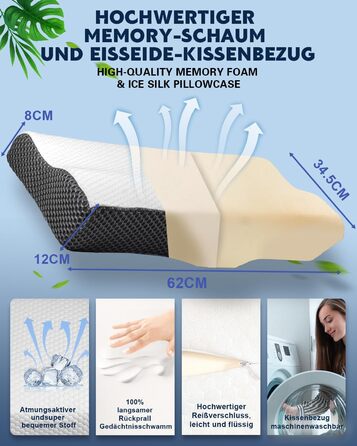 Ортопедична подушка для шиї IDEA з Memory Foam - для сну на боці, спині та животі, проти болю в шиї, 62x34.5x12/8 см