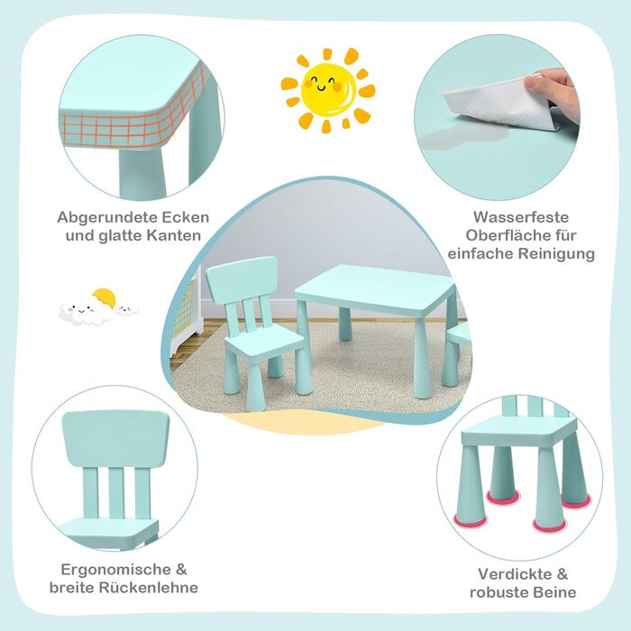 Дитяча група сидінь GOPLUS стіл з 2 стільцями, спинка, круглі краї, однотонний, для дитячих кімнат (зелений)