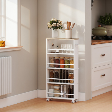 Багатофункціональна полиця на колесах, вузький дизайн, 4 відділення, 45x15x91 см, колір натуральний