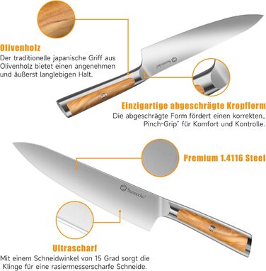 Набір ножів Sunnecko 6 шт. з підставкою – кухонний набір ножів для кухні, з ергономічними ручками та гострими лезами, з підставкою з нержавіючої сталі та акацієвого дерева