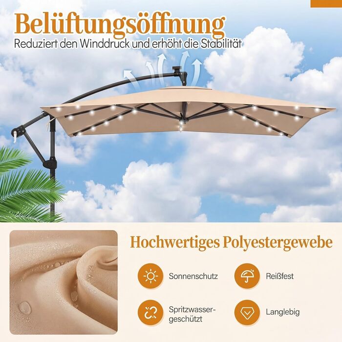 Парасолька від сонця COSTWAY 250x250 см з підставкою та LED-підсвіткою, квадратна садова парасолька з ручкою-курбою, UV-захист, бежева