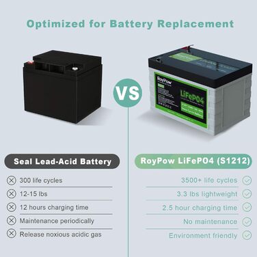 Літієва батарея 12V 30Ah LiFePO4, глибокий цикл RoyPow для автофургону, сонячна батарея, автономна (12 В 12 А)