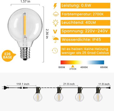 Льо́нточна гiрля́нда для зовнiшнього використання 30м, 50+2 лампочки G40, тепле бiле свiтло, IP45, для терас, вечiрiнок, саду та балкону, стиль Едiсона, з'єднувальна, чорний колір