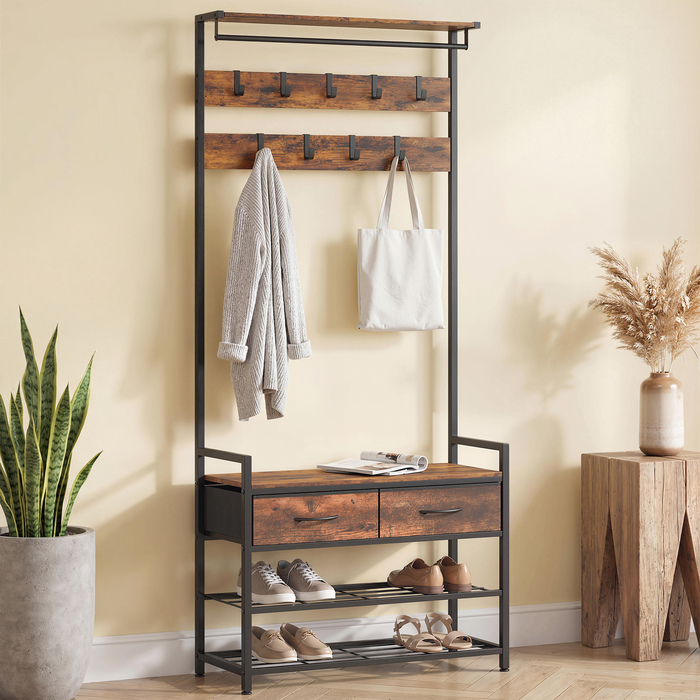 Вішалка для одягу з гачками, лавка для взуття, індустріальний органайзер для передпокою, сталевий каркас, рустикально-коричневий