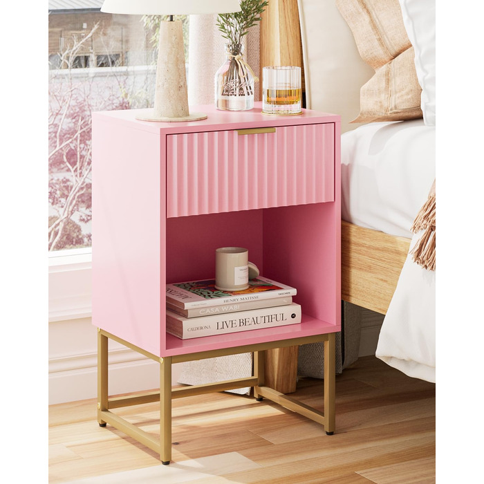 Приліжкова тумбочка з відкритим відсіком, журнальний столик для вітальні та спальні (горіх), 40 x 30 x 60 см, рожеве фетрове покриття