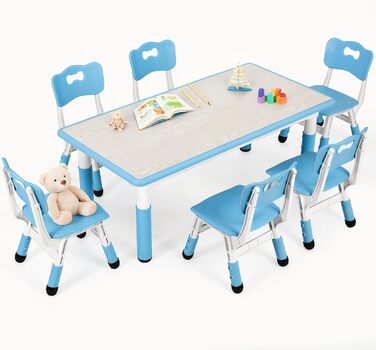 Дитячий стіл зі стільцями (6 шт.) - комплект для дитячого садка та кімнати, регульована висота, пластикові меблі, сидіння для хлопчиків та дівчаток (блакитний)