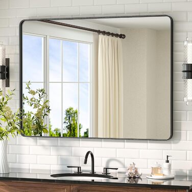 Дзеркало для ванної кімнати TETOTE 40x50 см, прямокутне, з металевим каркасом, з закругленими кутами, для мийки, з загартованого скла (чорний)