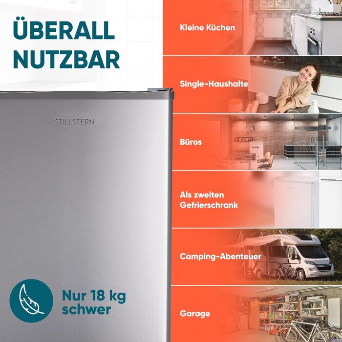 Stillstern Міні морозильник 42L -18°C з формою для льоду, замком, змінним напрямком відкривання дверцят, 4-зірковий глибокий заморожувач для кемпінгу/офісу. Срібний колір.