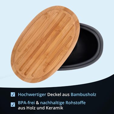 Контейнер для зберігання KHG, кераміка, сірий антрацит з дерев'яним кришкою, 4 кг, круглий, з маркуванням, 28 см & 21,5 см