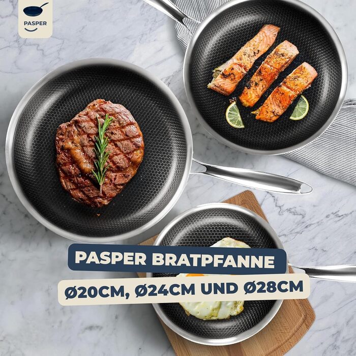 Пательня Pasper Ø 24 см – без PFAS, PTFE та PFOA – для індукційних, електричних, керамічних, газових плит та духовки – нержавіюча сталь з антипригарним покриттям у вигляді стільникового малюнку, придатна для миття в посудомийній машині