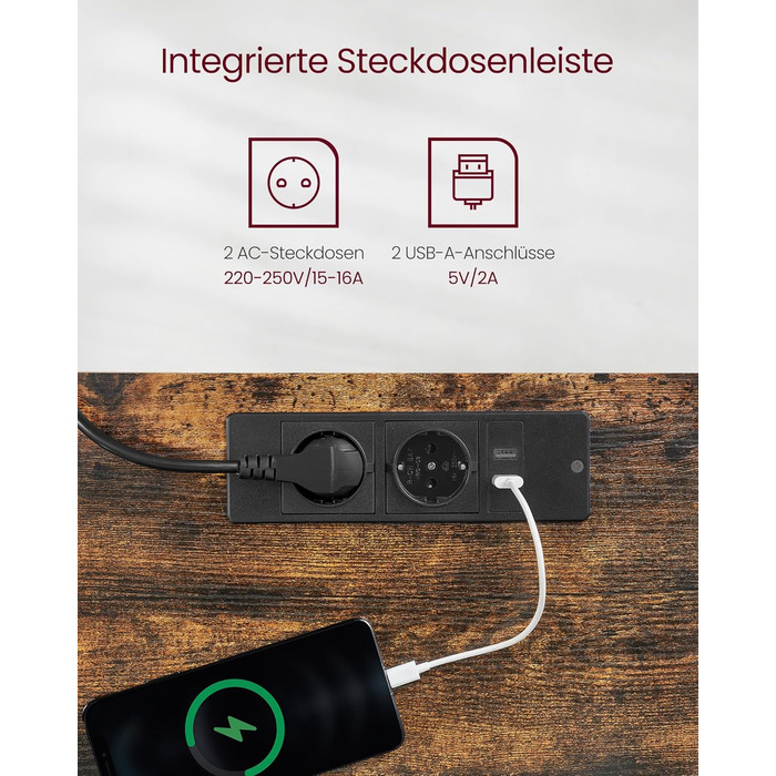 Електричний регульований стіл VASAGLE, 60 x 140 см, з пам'яттю висоти, розетками та ящиком, кольори: білий + горіх, LSD112W01