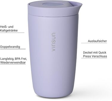 Термокружка VINSUN 350 мл, з нержавіючої сталі, подвійні стінки, ізольована, без витоку, для гарячих та холодних напоїв, з Quick Press кришкою, для авто, університету (фіолетовий)
