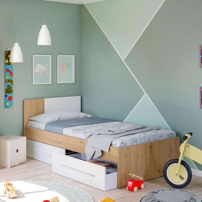 Ліжко дитяче Habitdesign Noa з 2 шухлядами, білий та дуб Nodi, 97x77x196 см (без ламелей)