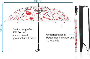 Зоряна іскра Прозорий парасольку весільний великий XXL Ø130 см з сердечками червоного кольору Серце парасольку прозоре весілля нареченого і нареченої, прозорий парасольку партнера або весільний парасольку - край білий прозоро - червоні сердечка Ø130 см - 