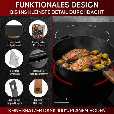 Нідерландський горщик 2в1 з чавуну 4.8л & сковорода з чавуну 1.8л - Набір нідерландського горщика з подвійною функцією - з кулінарною книгою та аксесуарами для барбекю, кемпінгу та кухні - 30 років гарантії (2в1 сковорода)