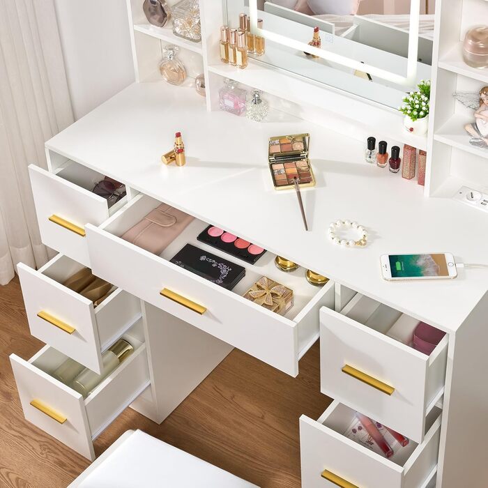 Великий туалетний столик ANWBROAD з регульованою LED-підсвіткою (3 кольори), розетками, дзеркалом та пуфом. 7 висувних ящиків, 4 полиці. Колір: білий. Розміри: 140x100x40 см.