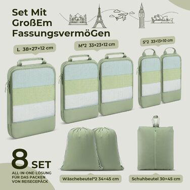 Набір компресійних органайзерів для одягу в подорожі 8 предметів, дорожні сумки-пакувальники для валізи та рюкзака, Matcha Green