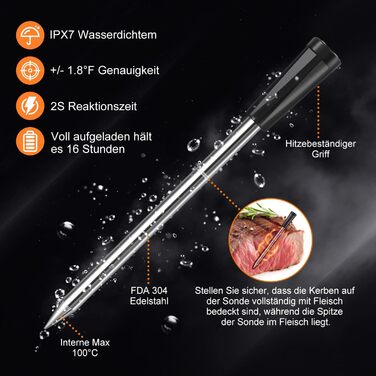 Інтелектуальний термометр для м'яса INSMART, термометр для гриля з радіусом дії 100м, Bluetooth термометр для приготування їжі з додатком, технологія Multi-Sensor, підходить для духовок, грилів, коптилень, кухонь, водонепроникний IPX7, чорний