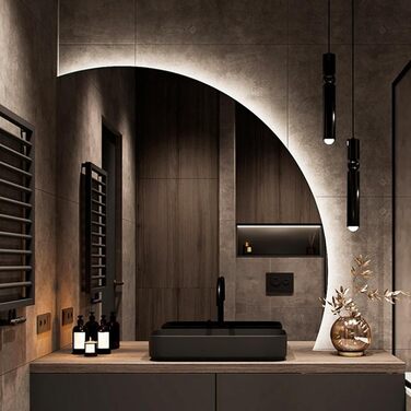 Дзеркало для ванної кімнати з LED-підсвічуванням, 50/60/80 см, настінне, з сенсорним вимикачем, напівкругле, з можливістю вибору кольору