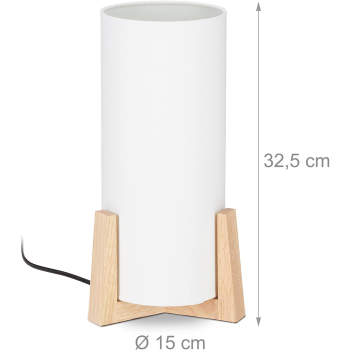 Настільна лампа Relaxdays дерев'яна основа, круглий абажур, сучасний дизайн, E14, приліжкова, ВхД 33 х 15 см, білий/природа