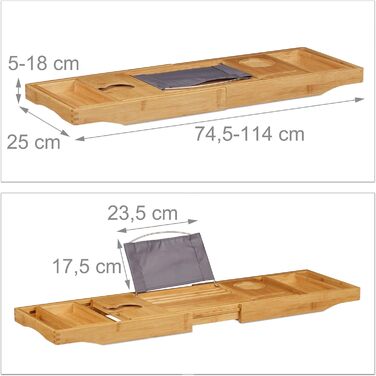 Підставка для ванни Relaxdays 2-в-1 з підсвічуванням, бамбук, регульована, 74,5-114 см, 18x114x25 см