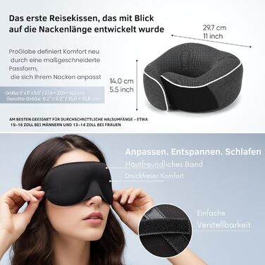 Подушка для шиї ProGlobe, 100% Memory Foam, ортопедична, для подорожей (літак, авто, поїзд), з маскою для сну, сітчаста сумка (темно-сірий)