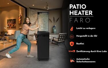 Газовий обігрівач Planika Faro – 8kW, чорний, для тераси та саду, з кришкою, 36 x 36 x 150 см (Газовий балон не входить у комплект)