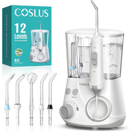 COSLUS Електрична іригатор для порожнини рота з 2 режимами та 12 рівнями тиску – 600 мл резервуар для води. Підходить для сімей, ентузіастів орального здоров'я та пацієнтів з ортодонтичними конструкціями. 5 насадок, чорно-білий колір.