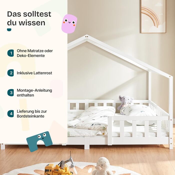 Дитяче ліжко en.casa Treviolo з матрацом 70x140 см, будиночок, дерево, Montessori, з бар'єром, ламелі, сосна, білий