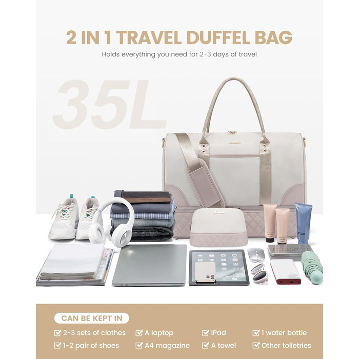 Сумка-мішок LOVEVOOK для подорожей: жіноча дорожня сумка-мішок з відділенням для взуття та мокрих речей, 2 шт. (35л, Beige & Khaki)