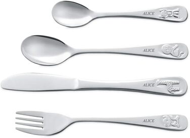 Набір дитячого столового прибору Maverton Kinderbesteck Set з гравіюванням - 4 предмети. Ідеальний подарунок для дітей від 3 років. З нержавіючої сталі, придатний для миття в посудомийній машині.